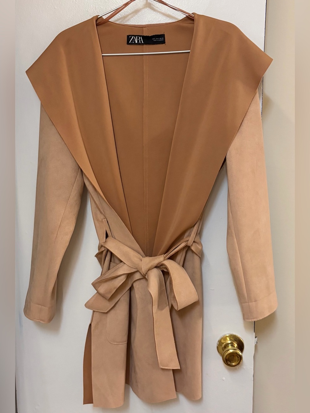 Zara Blush Pink Faux Suede Polyester Hooded Tied Coat Women's Size L